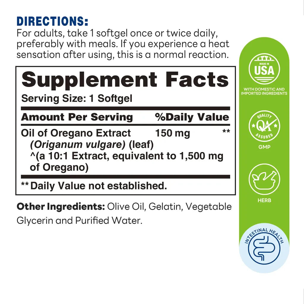 Oil of Oregano 1500MG - 90 Softgels - Traditional Herb Intestinal Support - Supplement Facts