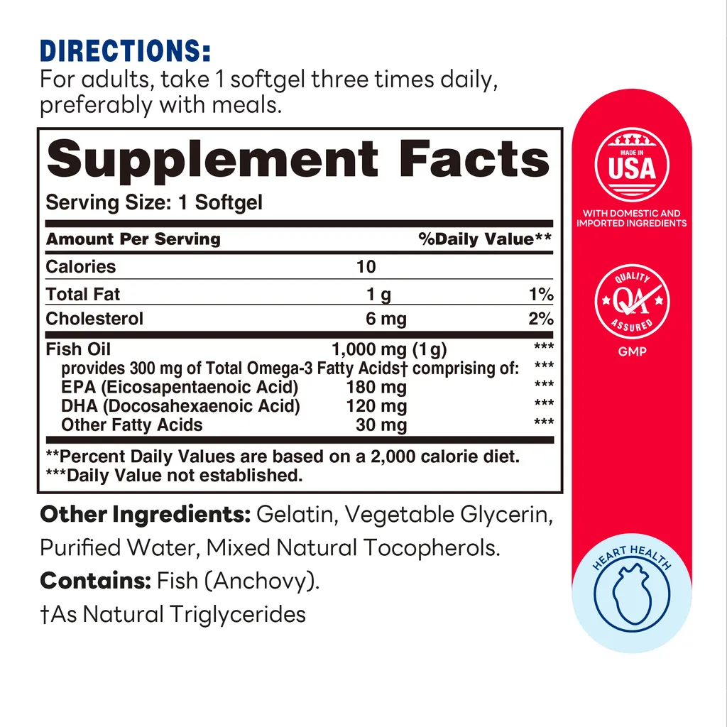 Omega-3 Fish Oil 1000MG - 250 ct - Support for Heart, Brain & Joint Health, May Reduce the Risk of Coronary Heart Disease - Supplement Facts