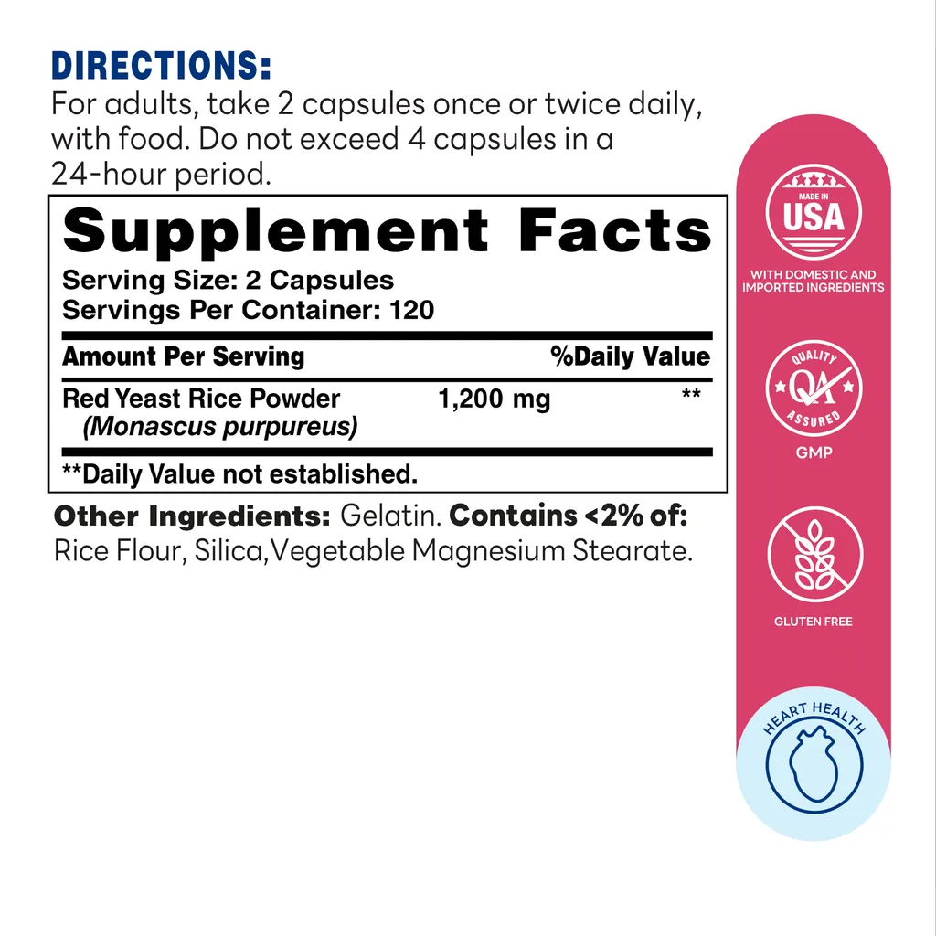 Red Yeast Rice 1200mg  Capsule | 240ct - Supplement Facts