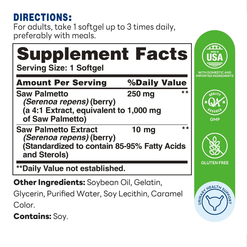 Saw Palmetto 1,000mg - 90 Softgels - Supports Prostate and Urinary Health - Supplement Facts
