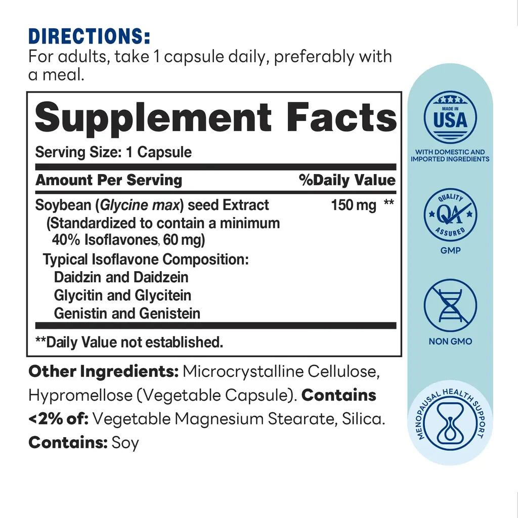 Soy Isoflavones 60ct - Supports Menopausal Health, Non-GMO - Supplement Facts