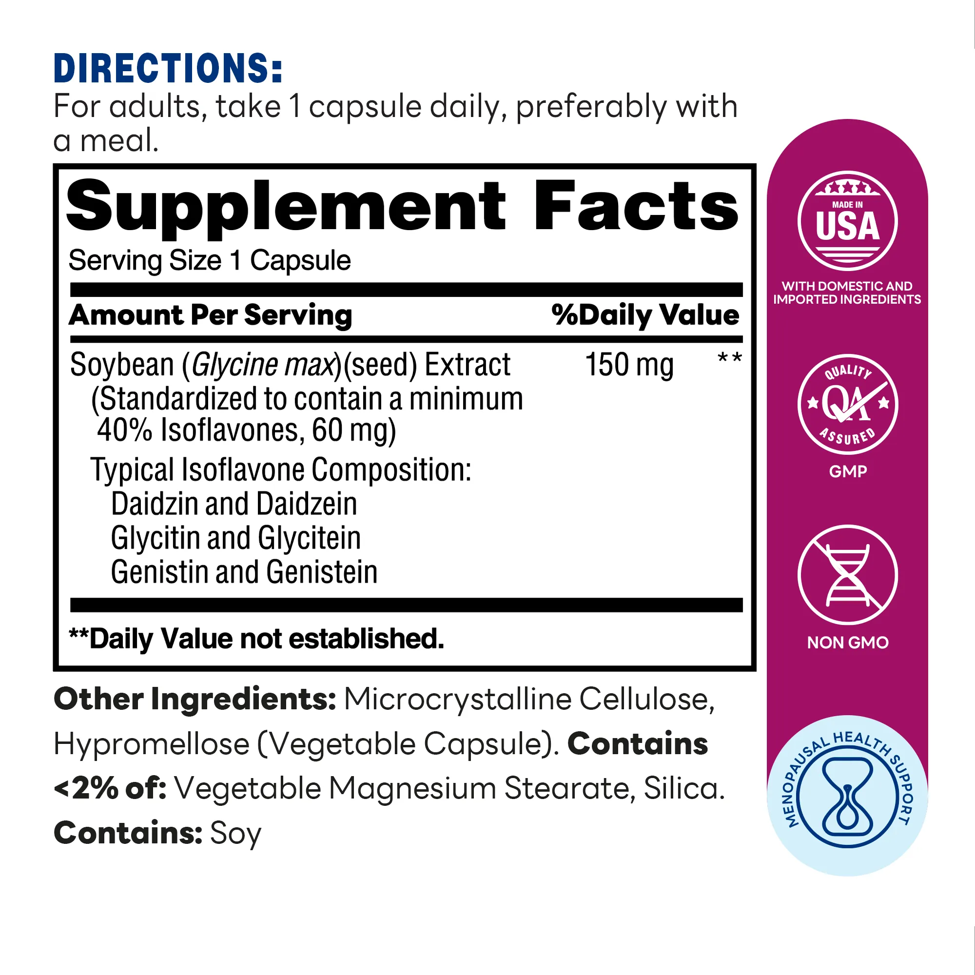 Soy Isoflavones 60ct - Supports Menopausal Health, Non-GMO - Supplement Facts