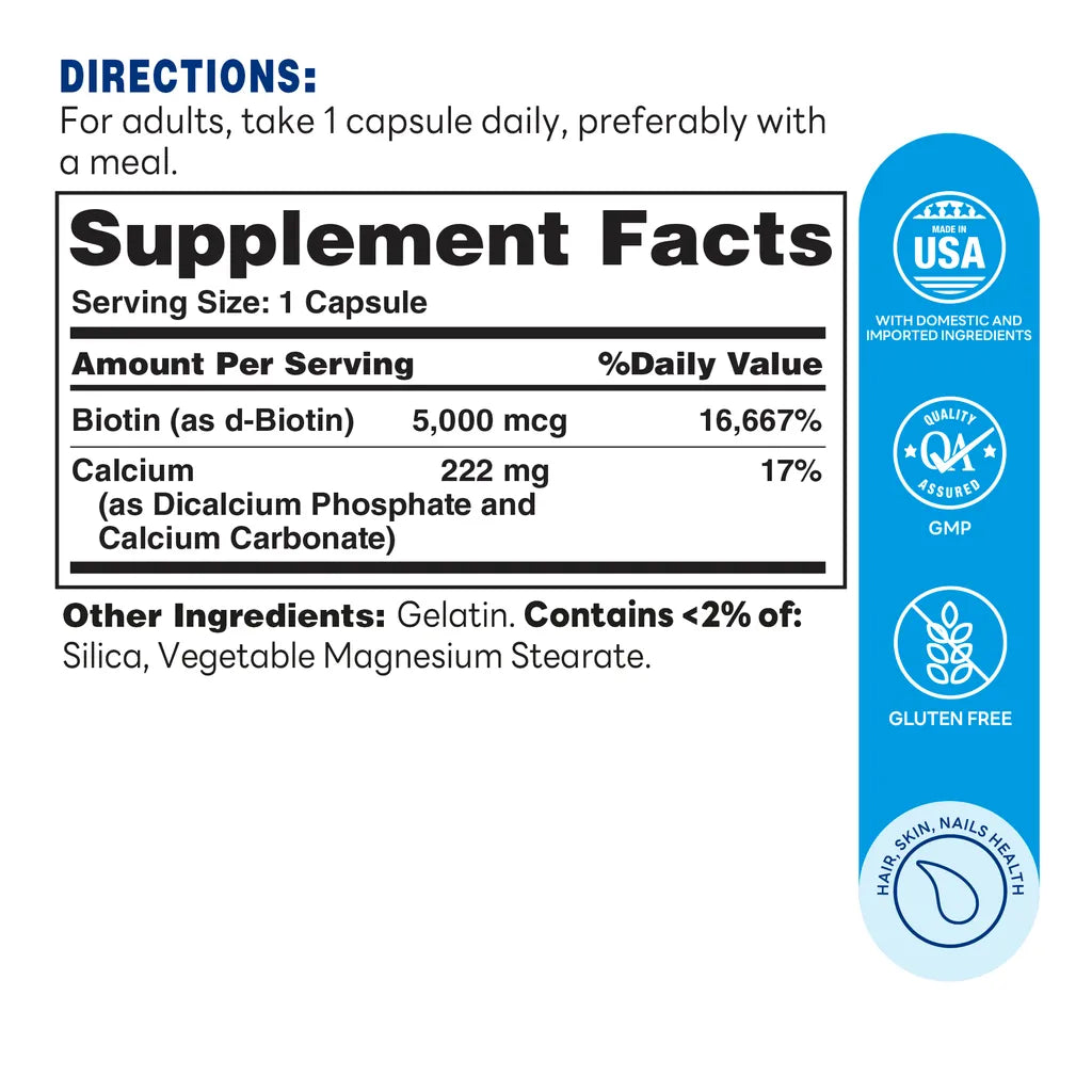 Super Biotin for Healthy Hair, Skin, & Nails - 120 Capsules - Supplement Facts
