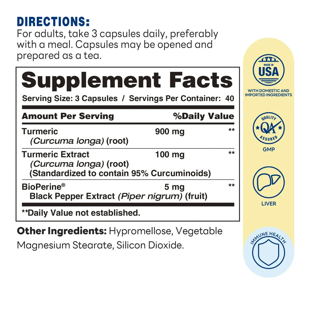 Turmeric Curcumin with Bioperine 1000MG 120 Rapid Release Capsules - Immune Support, Anti-inflammatory and Antioxidant - Supplement Facts
