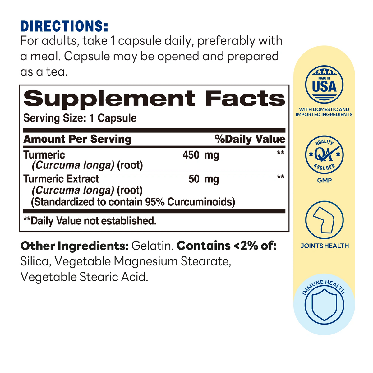 Turmeric Curcumin 500MG 90 Rapid Release Capsules - Immune Support, Healthy Inflammatory Responses, Antioxidant Support - Supplement Facts
