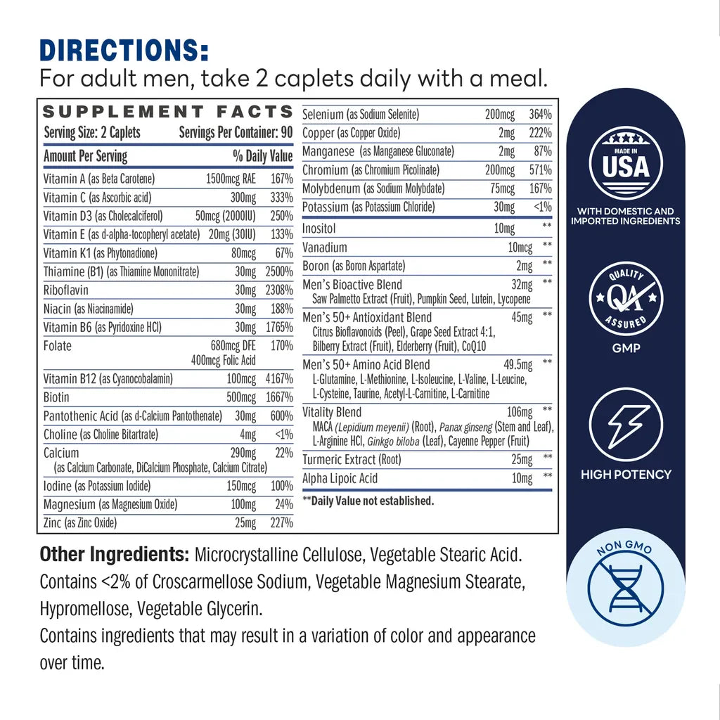 ULTRA 360 Men’s Multivitamin 50 Plus - 180 Caplets - Supplement Facts