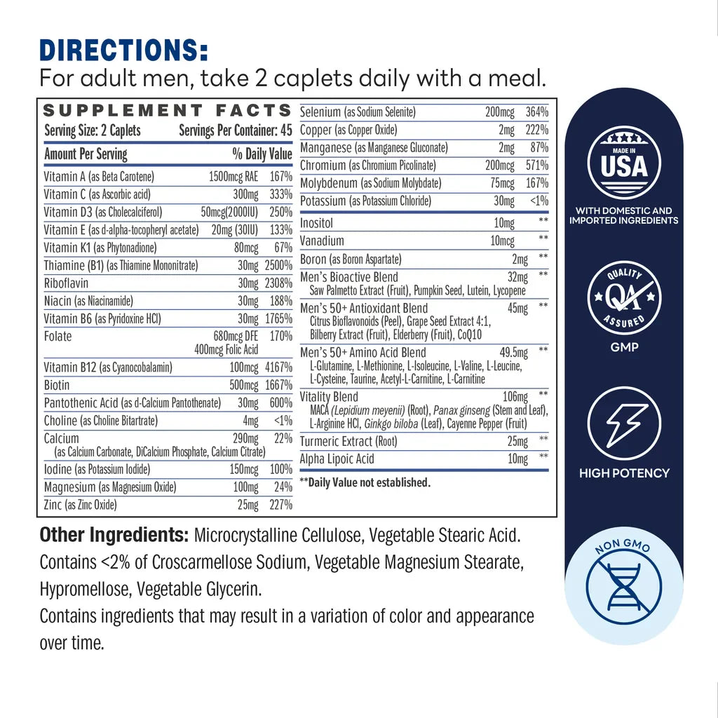 ULTRA 360 Men’s Multivitamin 50 Plus - 90 Caplets - Supplement Facts