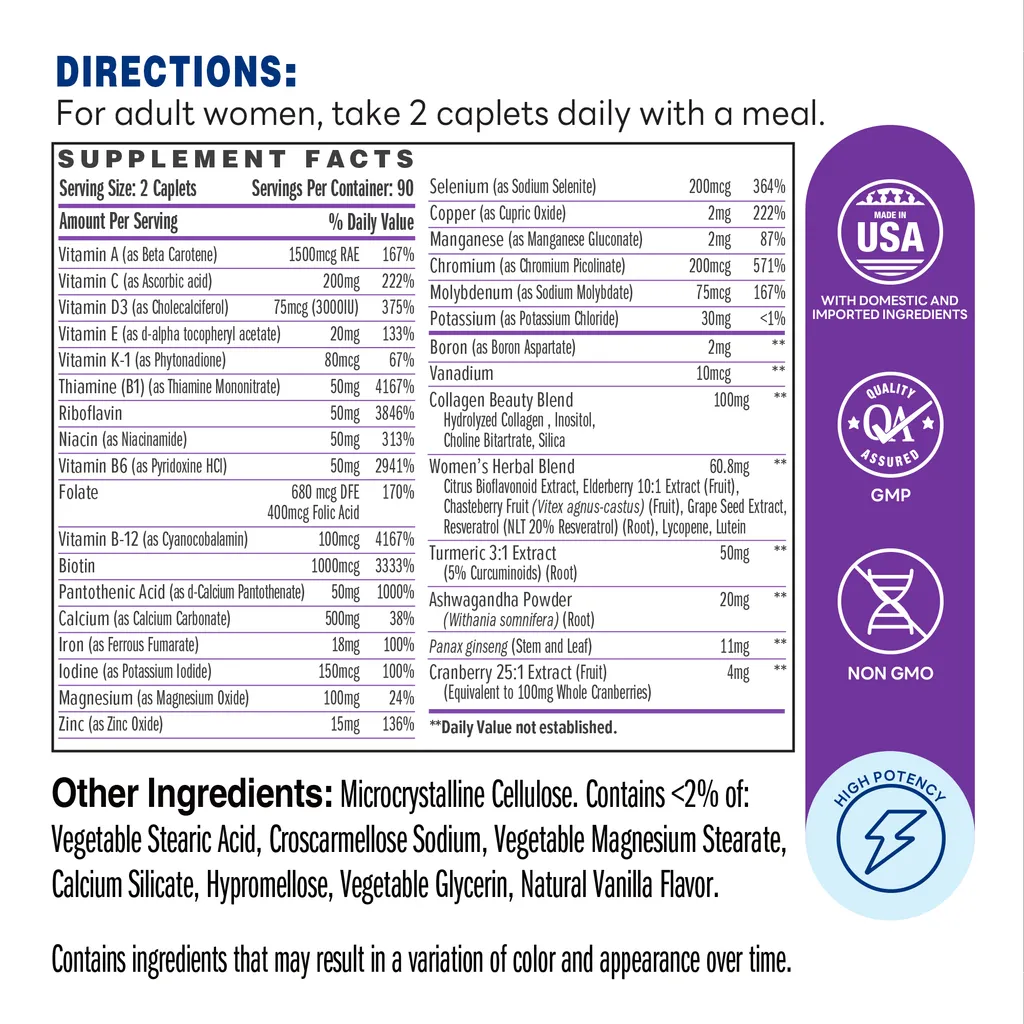 ULTRA 360 Women's Multivitamin - 180 Caplets - Supplement Facts