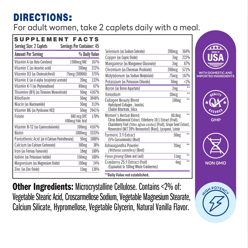 ULTRA 360 Women’s Multivitamin 90 Caplets - Supplement Facts