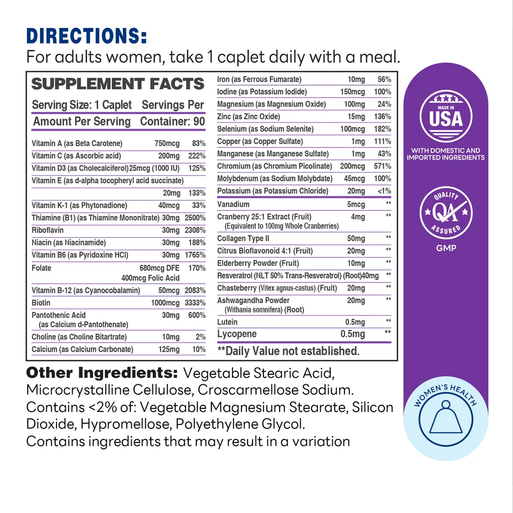 ULTRA 360 Women’s Multi Once Daily 90 Caplets - Supplement Facts