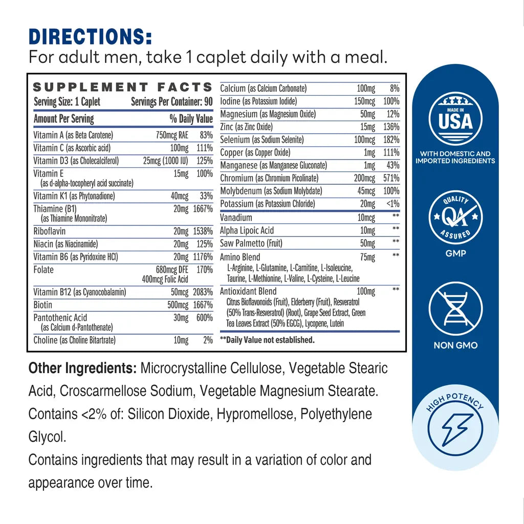 ULTRA 360 Men's Once Daily Multivitamin - 90 Caplets - Supplement Facts