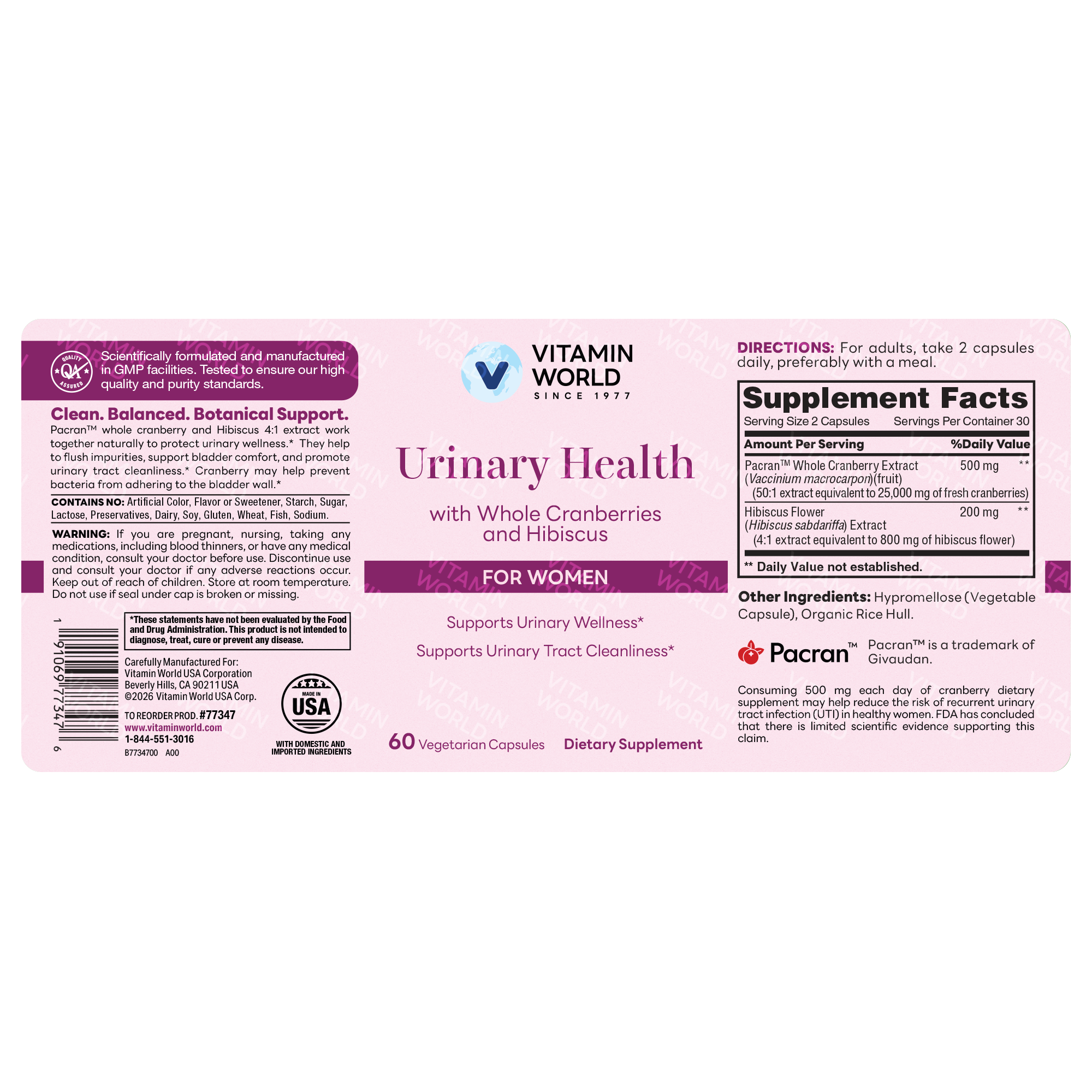 Urinary Health with Whole Cranberries & Hibiscus for Women, Urinary Health, 60 Capsules