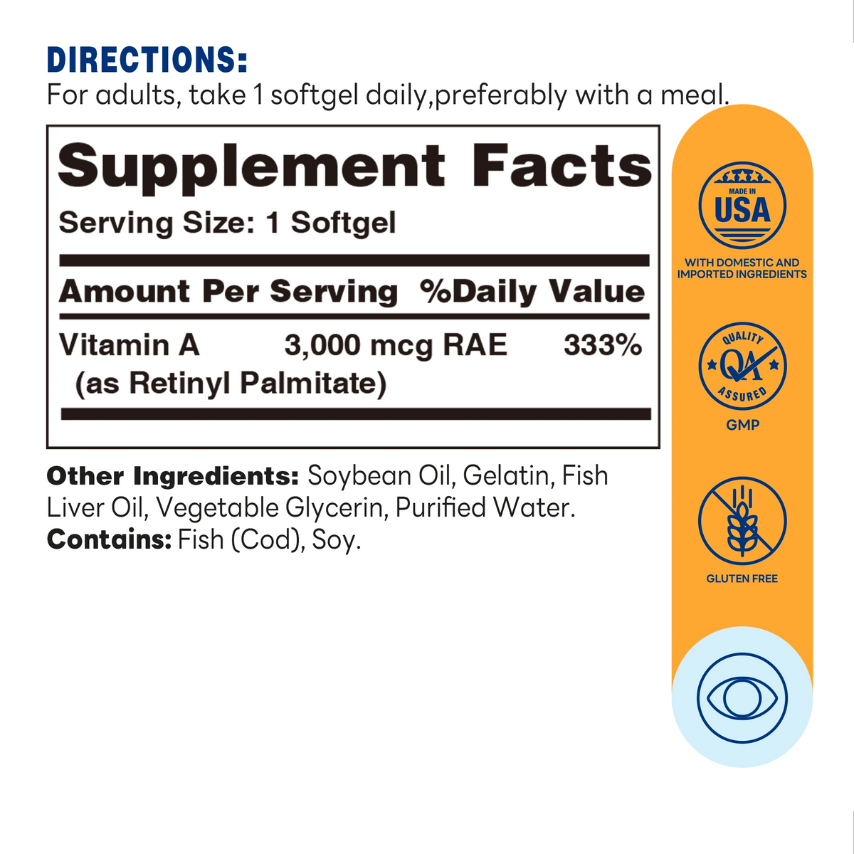 Vitamin A 3000mcg  Softgel | 250ct - Supplement Facts