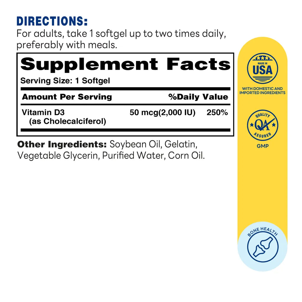 Vitamin D3 Rapid Release Softgels - Bone Health, Immune Support - Supplement Facts