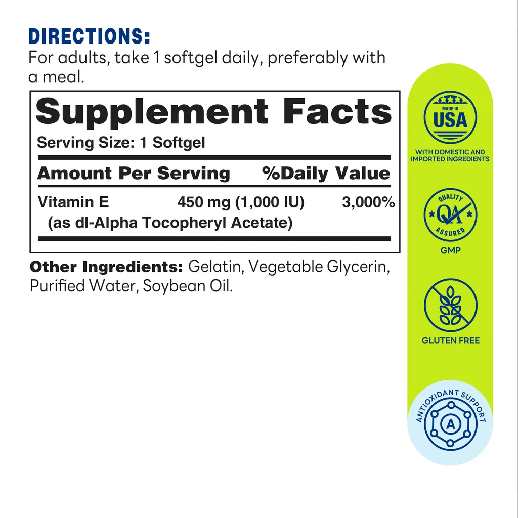 Vitamin E (1,000iu) dl-Alpha 450mg  Softgel | 100ct - Supplement Facts