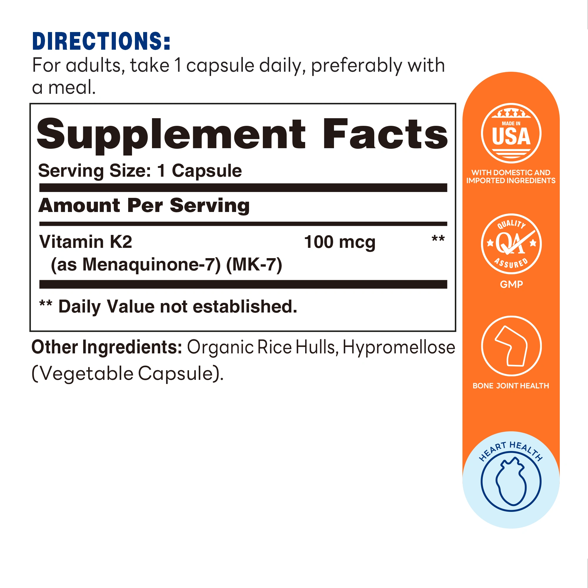 Vitamin K2 (MK-7 100mcg  Capsule | 60ct - Supplement Facts