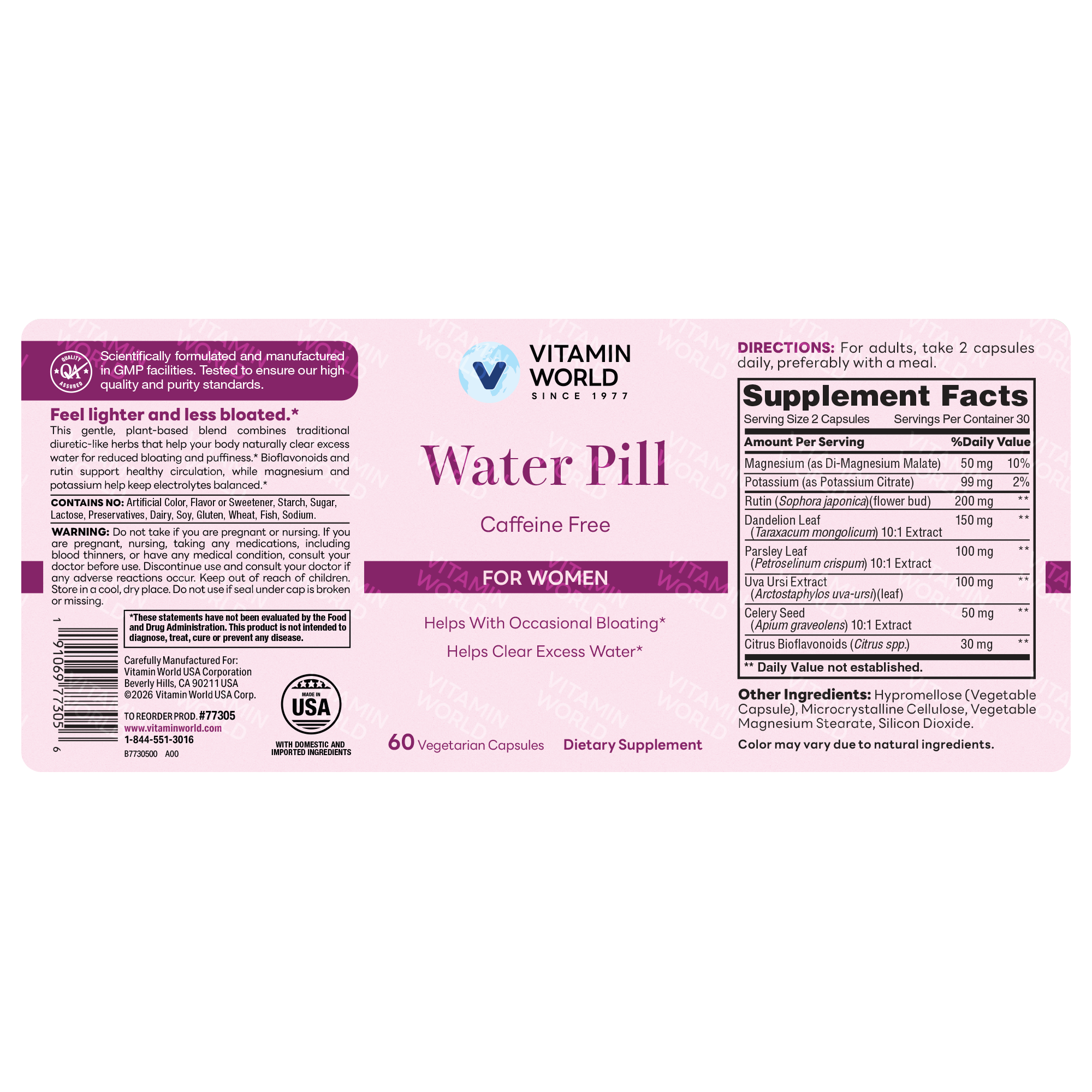 Water Pill for Women, Caffeine Free, Bone Health, 60 Capsules