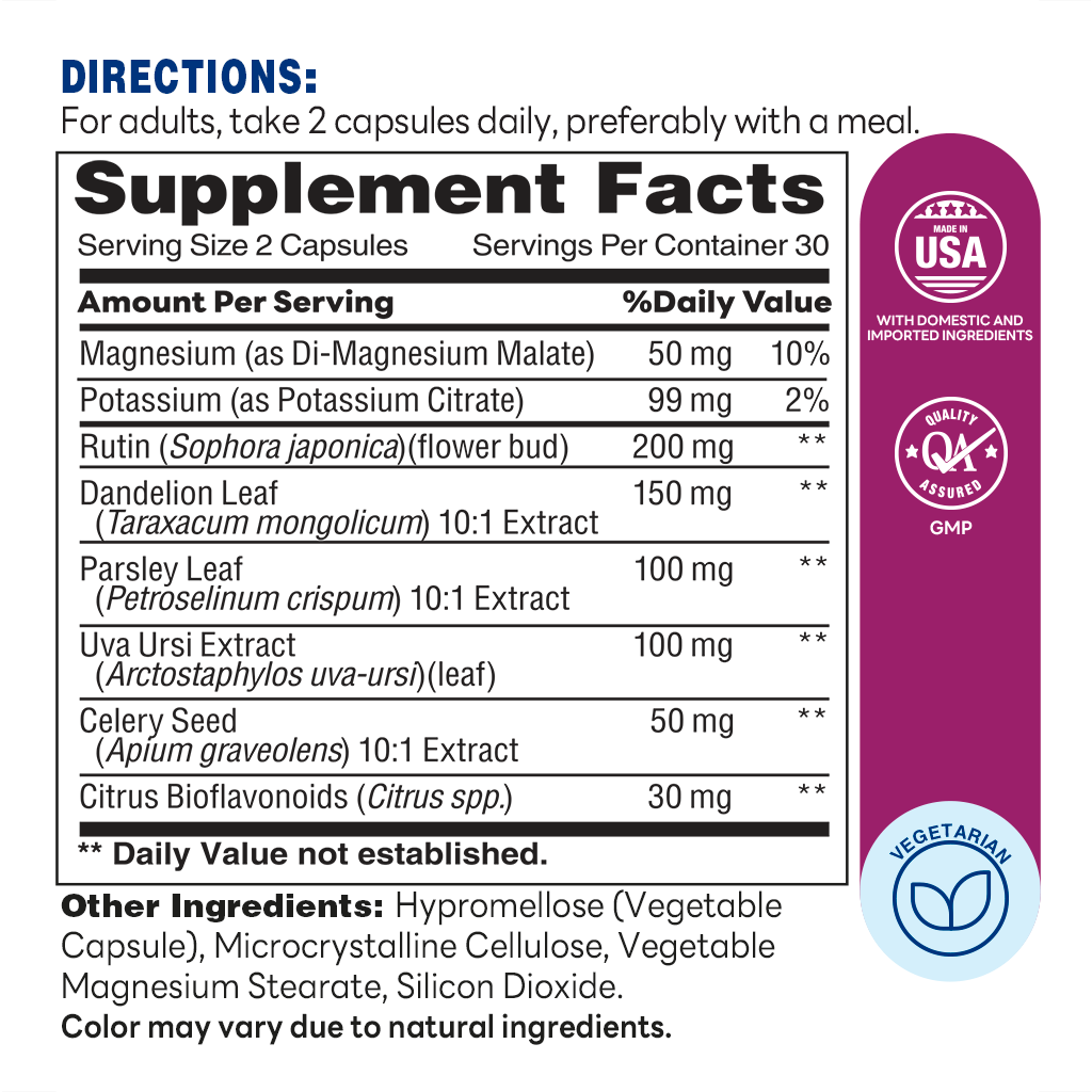 Vitamin World Water Pill for Women, Caffeine Free, 60 Vegetarian Capsules-Supplement Facts
