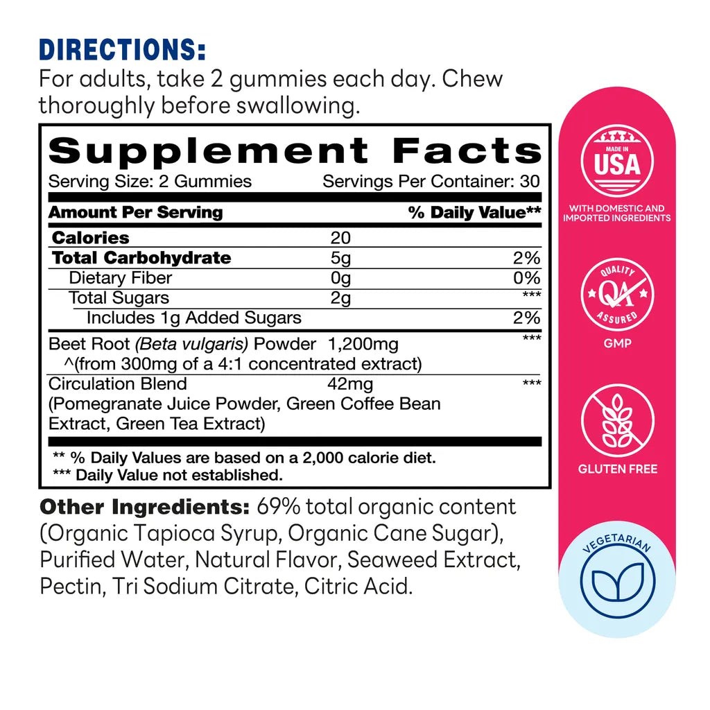 beets+ Gummies, Beet Root 1200MG, Antioxidant, Cardiovascular Support - 60 Gummies - Supplement Facts