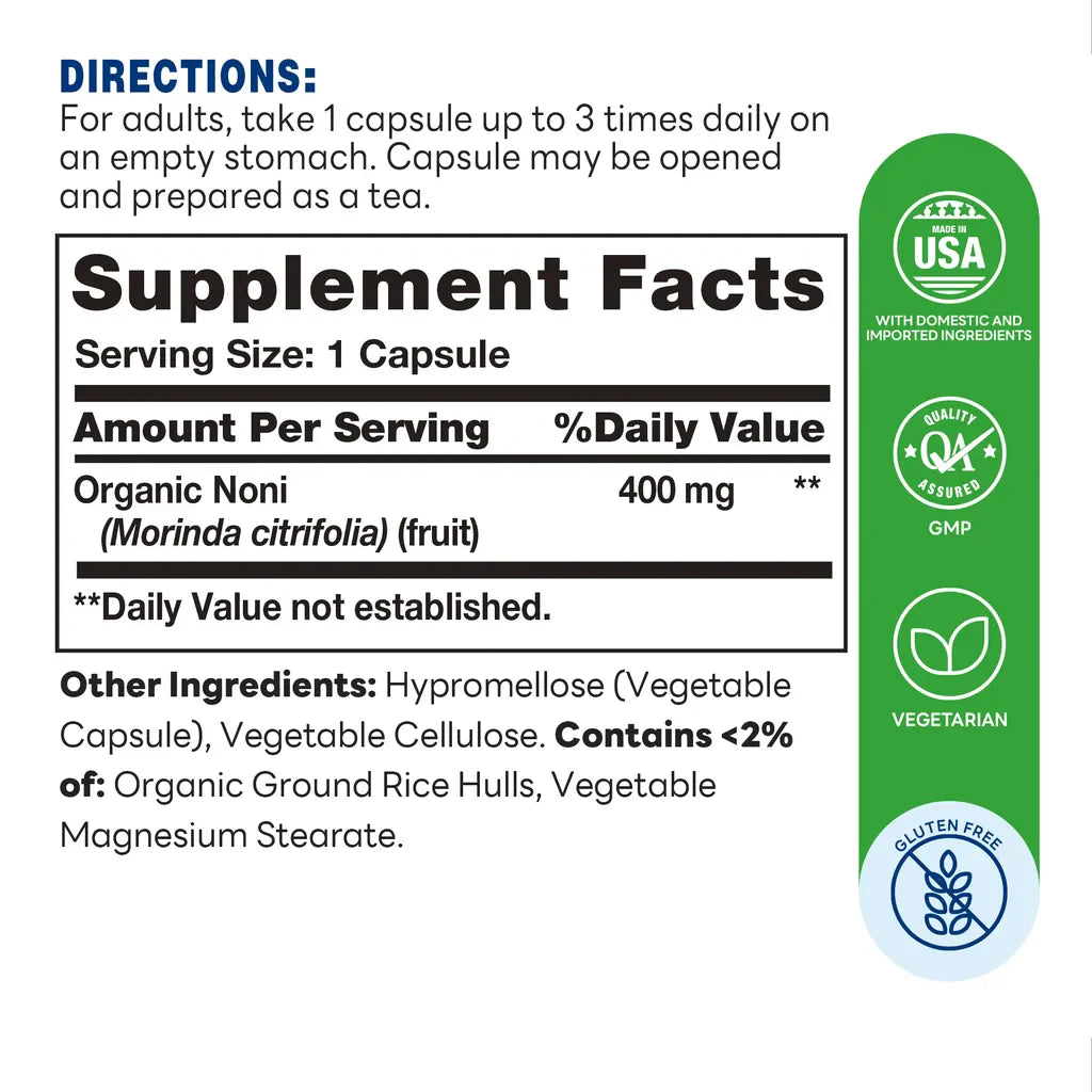 Noni 400MG - 100 Capsules - Antioxidant Support, Healthy Immune System, Helps Maintain Normal Cell Function - Supplement Facts