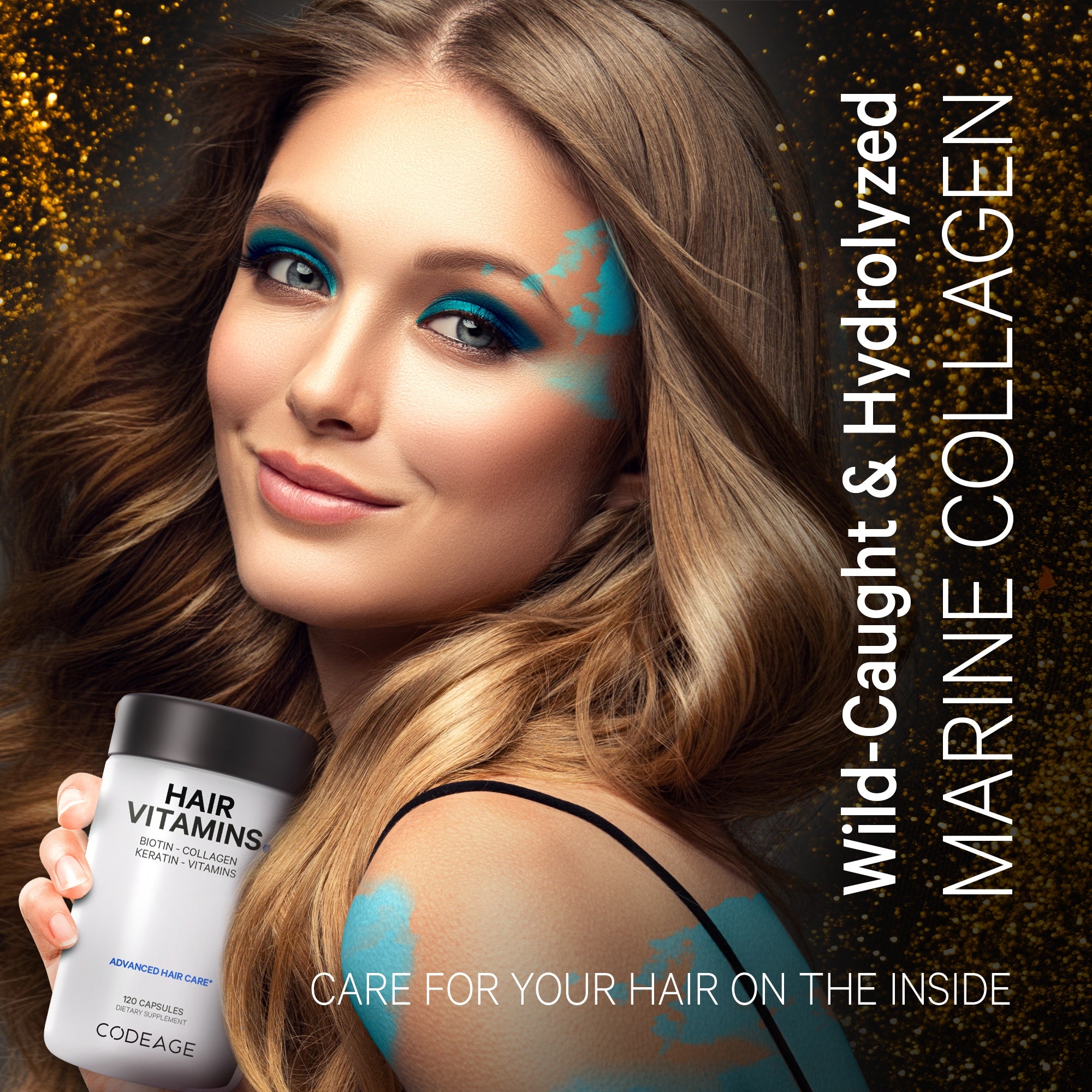 Codeage Hair Vitamins 10000 mcg Biotin, Keratin, Collagen, 120 Caps - Wild-Caught & Hydrolyzed Marine Collagen