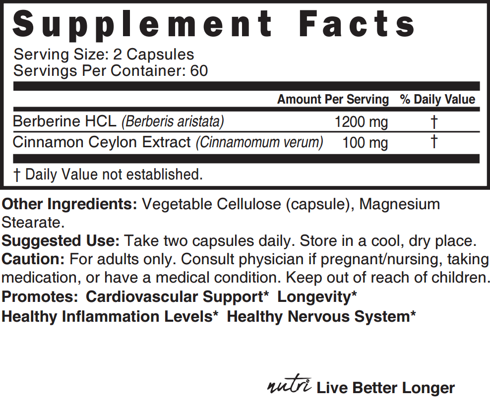 Berberine Cinnamon Ceylon 1300mg - 120 Vegan Capsules - Supplement Facts