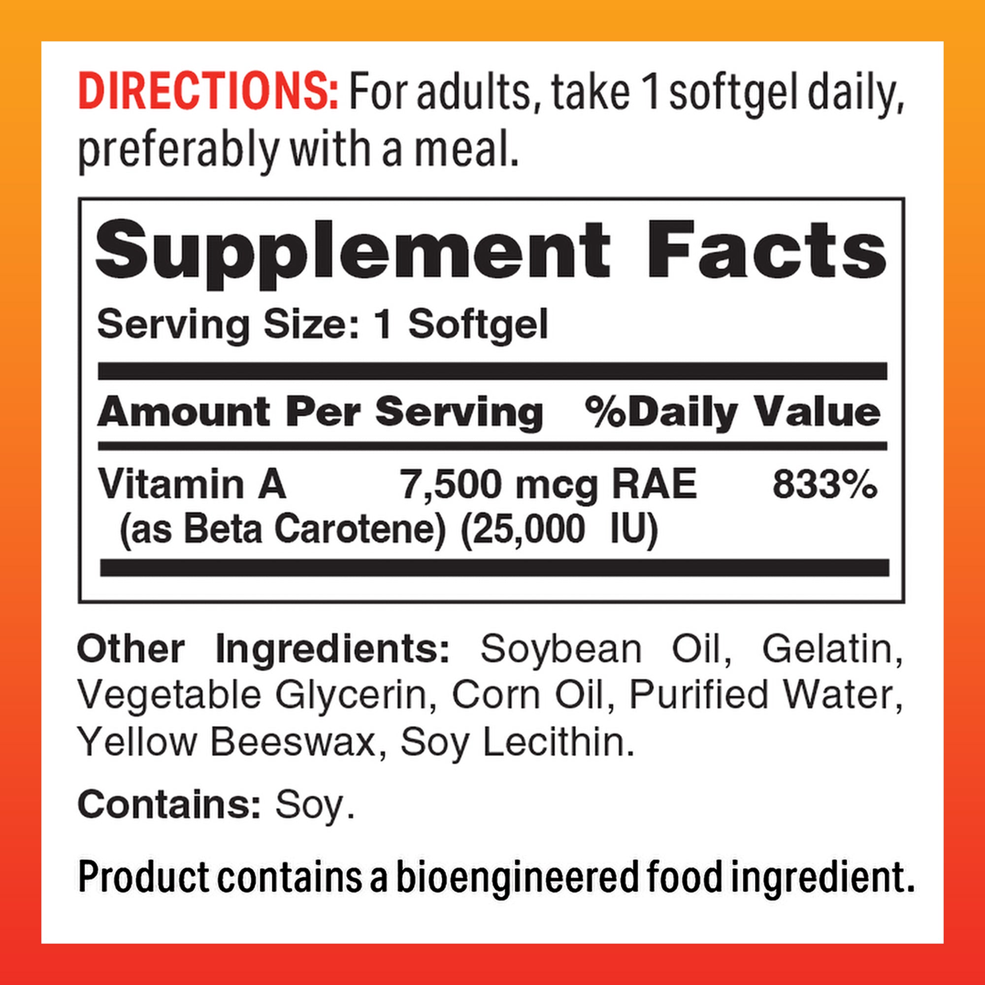 Beta Carotene 7500MCG RAE Rapid Release Softgels - 250 Softgels - Supplement Facts