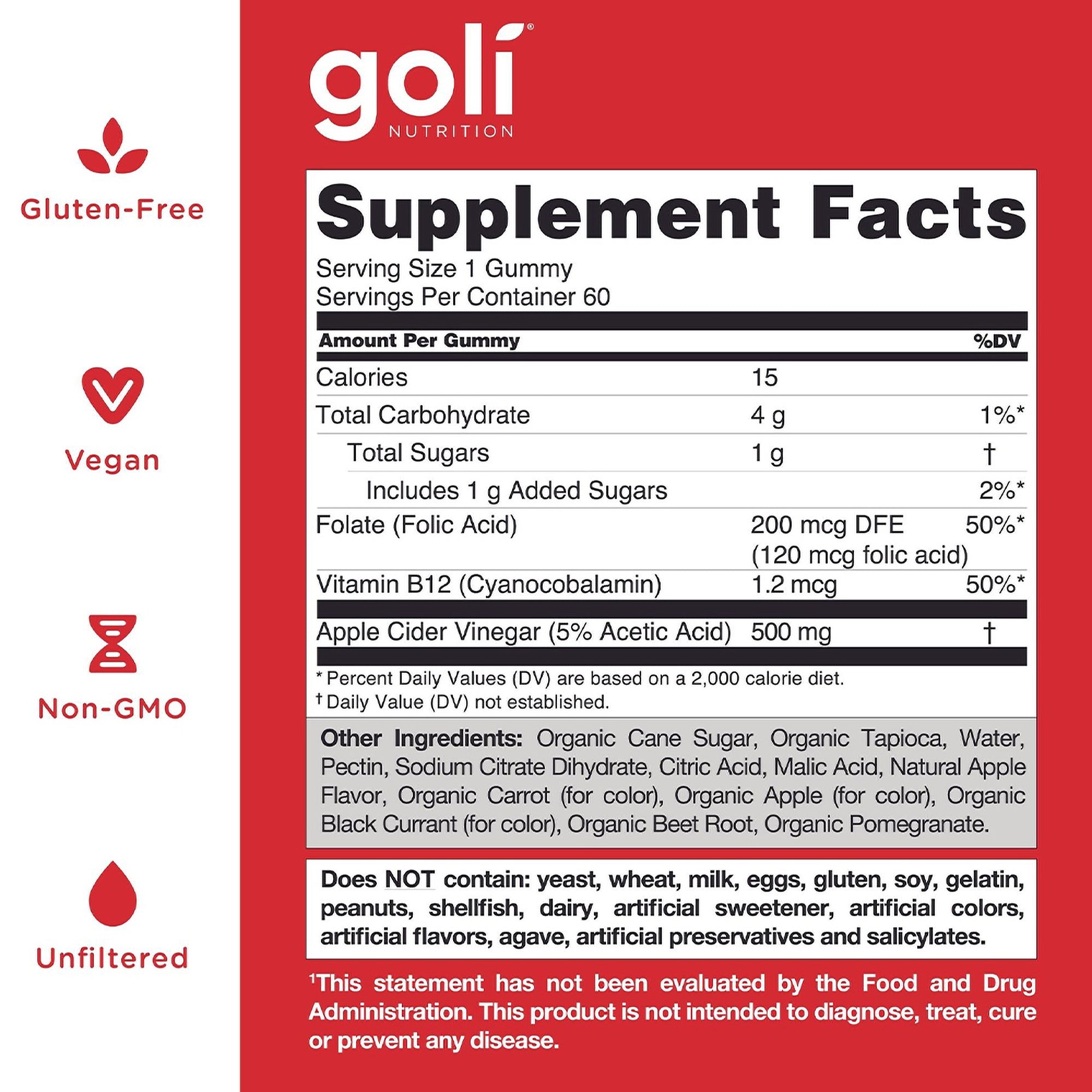 Goli Apple Cider Vinegar Gummy Vitamins - Supplement Facts