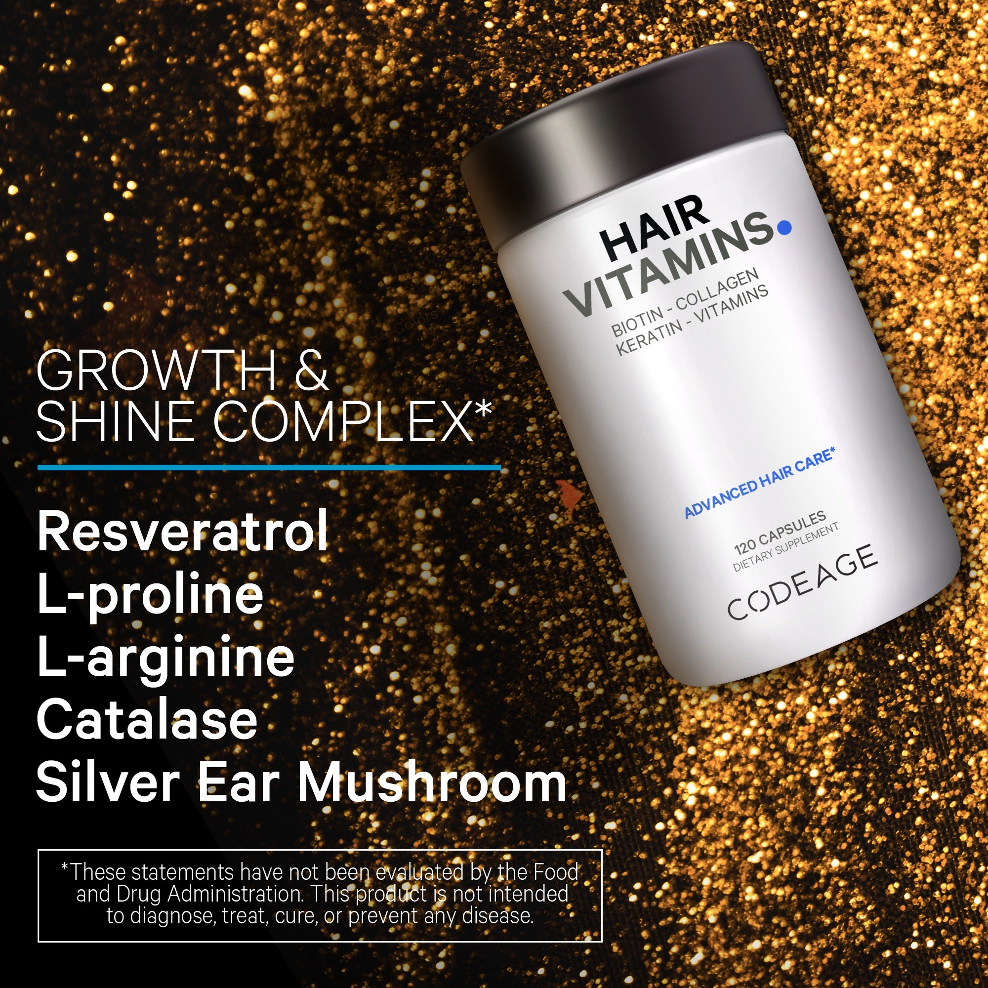 Codeage Hair Vitamins 10000 mcg Biotin, Keratin, Collagen, 120 Caps - Growth & Shine Complex