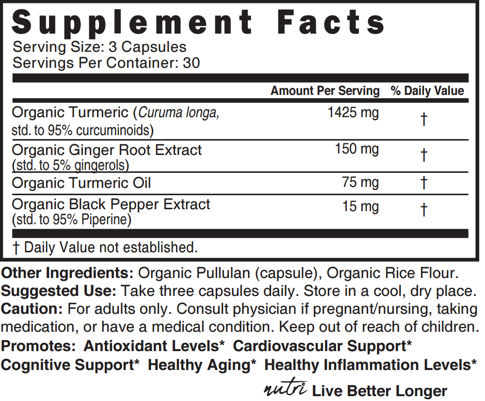Turmeric Curcumin+ with Ginger, Piperine & Turmeric Oil 1350 mg - 90 Count - Organic - Supplement Facts