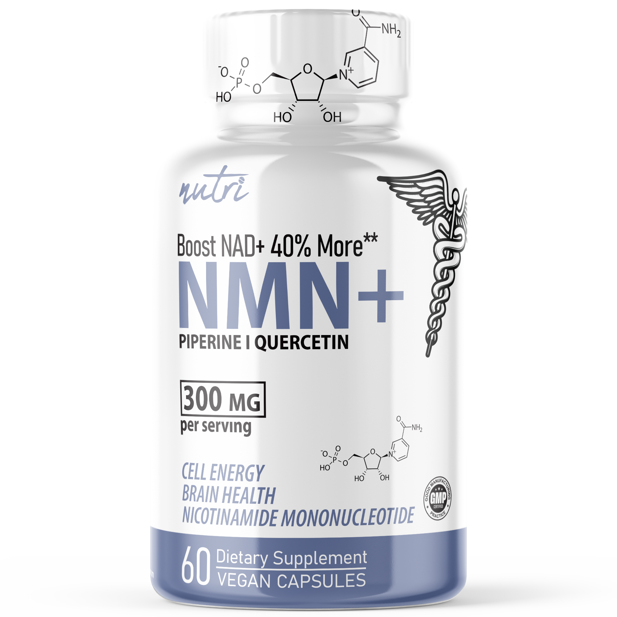 NMN + 300mg - 60 Vegan Capsules - Cell Energy, Brain Health