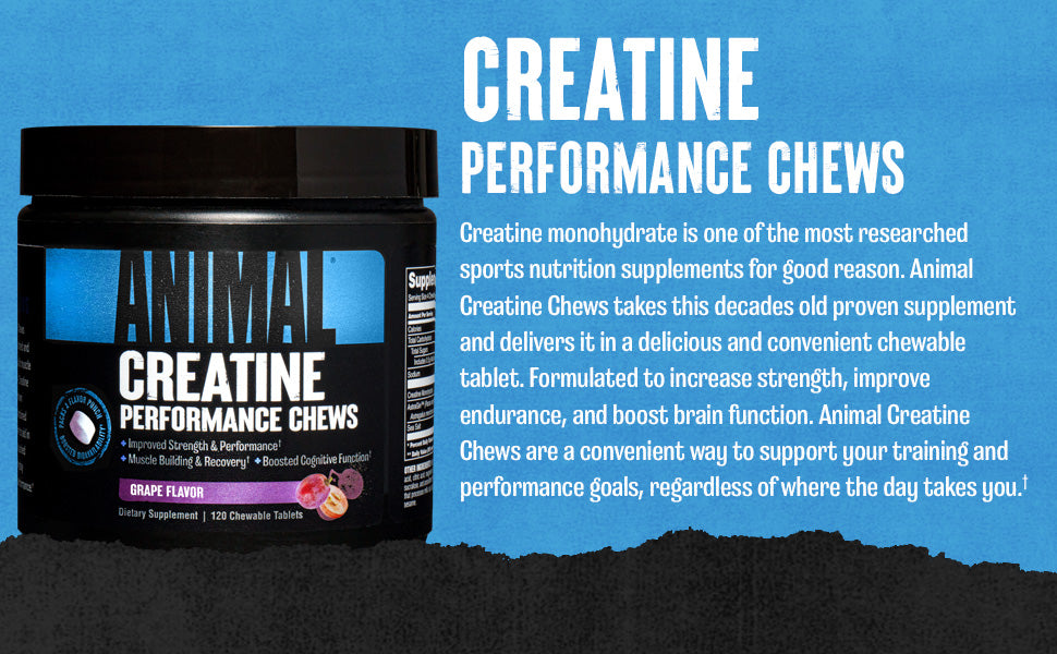 Universal Nutrition Animal Creatine Chews on-the-Go Chewable Tablets, Grape