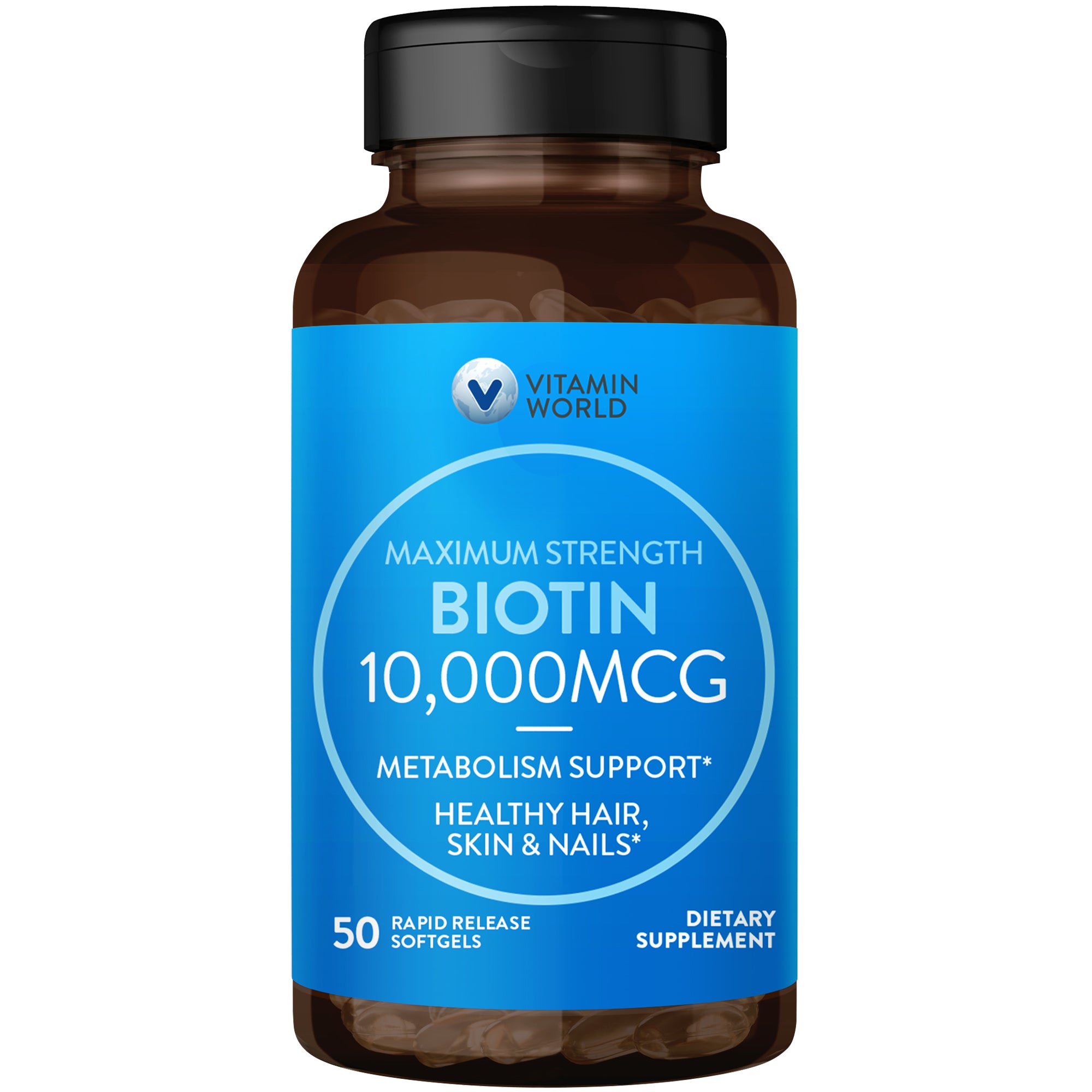 Maximum Strength Biotin 10,000 mcg - 50 Softgels - Metabolism Support, Healthy Hair, Skin and Nails