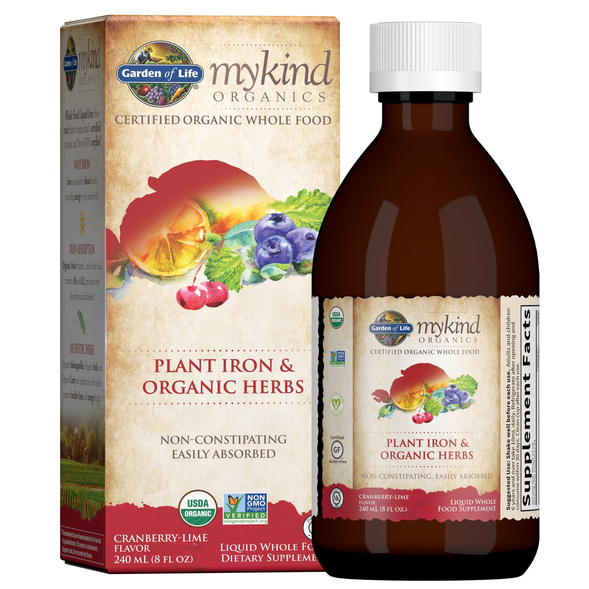 Hierro orgánico de origen vegetal + hierbas mykind Organics (líquido de arándano y lima)