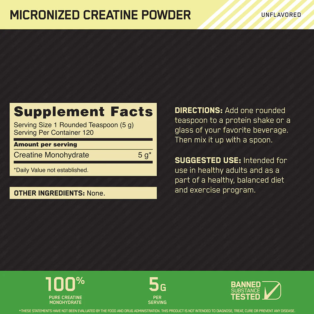 Supplement label for microwized creatine powder on a black background